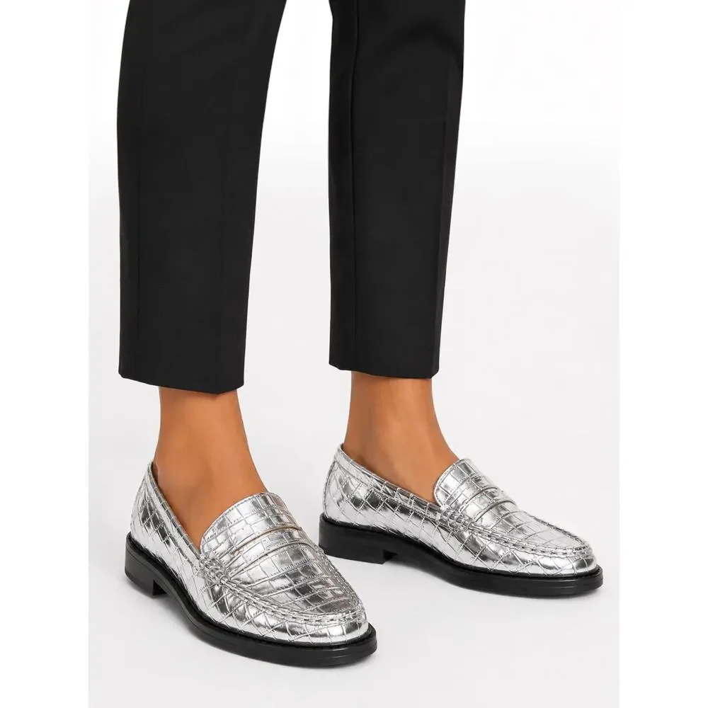 Ann Taylor LOFT Metallic Embossed Slip On Penny Loafers Silver Size 7.5M